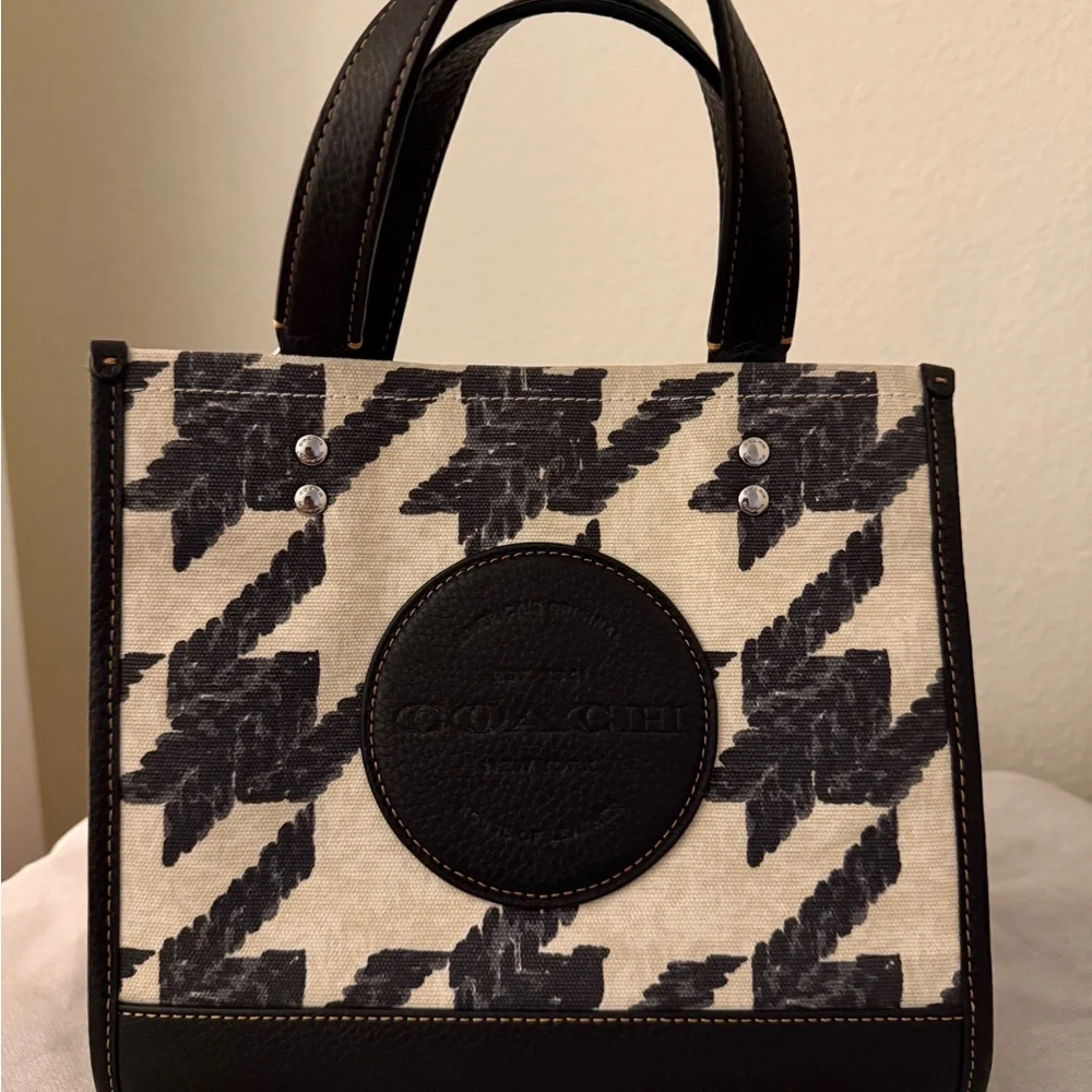 Coach Black and Cream Houndstooth Canvas Dempsey Patch Small Tote
